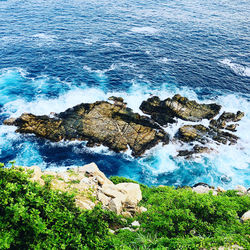 High angle view of rocks on beach