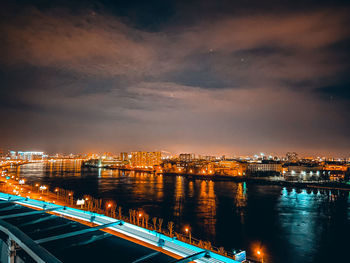 High angle view of illuminated city at night