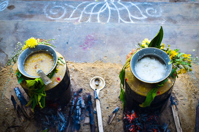 High angle view of tea on street in city