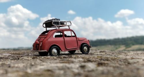 Close-up of toy car on field