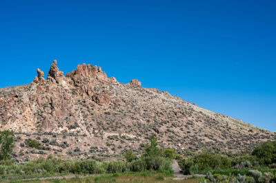 Low angle view of rocky mountain against clear blue sky