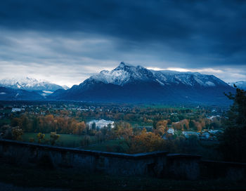 Scenic view of snowcapped mountains against sky