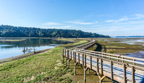 The boardwalk above the nisqually wetlands in washington state.
