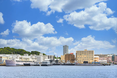 Buildings by river against sky in city