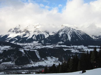 Scenic view of snowcapped mountains against sky