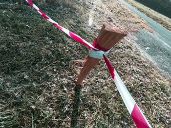 High angle view of umbrella on field