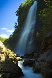 Scenic view of waterfall against sky