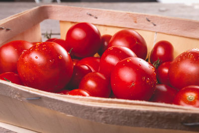 High angle view of cherries in container on table