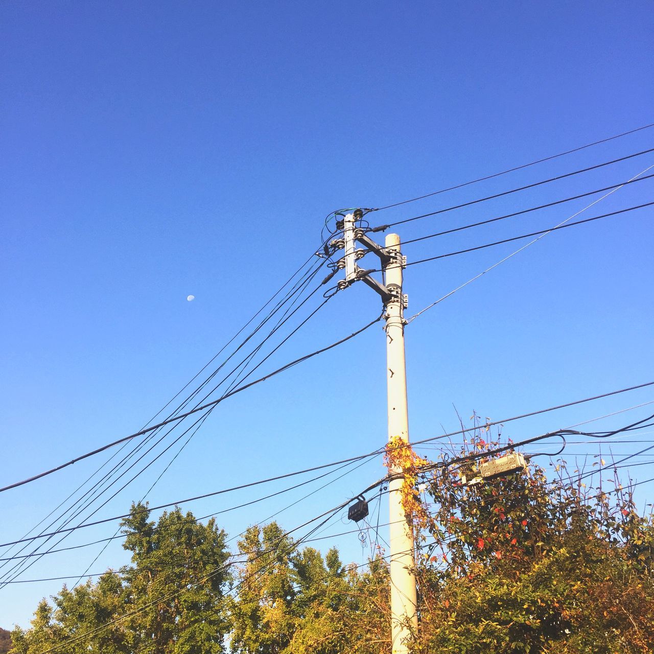 LOW ANGLE VIEW OF ELECTRICITY PYLONS AGAINST CLEAR BLUE SKY