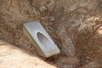 High angle view of text on rock