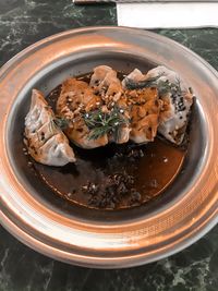 High angle view of food in bowl on table