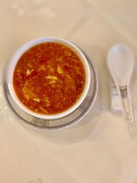 High angle view of soup in bowl on table