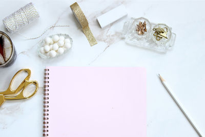 High angle view of objects on table