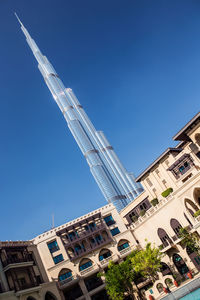 Low angle view of building against clear blue sky