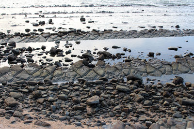 High angle view of stones on beach