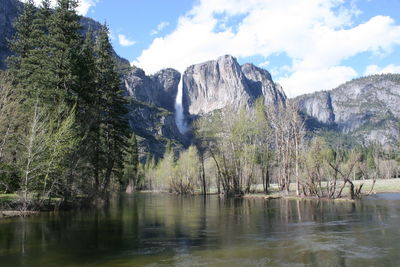 Scenic view of lake by trees against sky