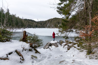 Man standing on snow covered trees against sky