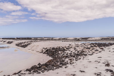 Surface level of beach against sky