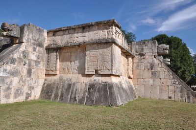 Low angle view of old ruin building against sky