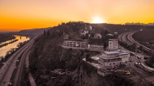 High angle view of city during sunset