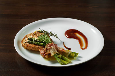 High angle view of breakfast served on table