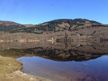 Scenic view of mountains reflected in lake against clear sky