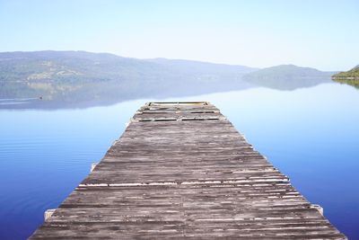 Scenic view of lake and mountains against clear sky