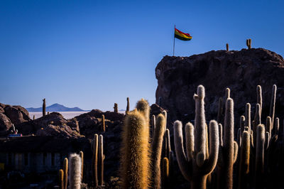 Panoramic view of flags on mountain against clear blue sky