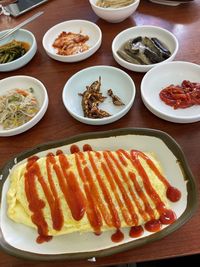 High angle view of meal served on table