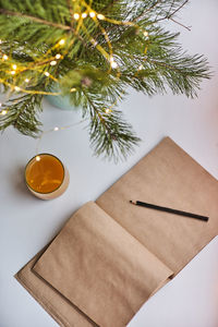 High angle view of christmas tree , notepad and pencil on table