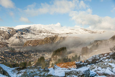 Scenic view of snow covered mountains against sky