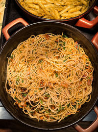 High angle view of noodles in bowl on table