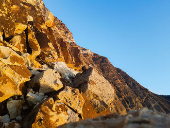 Low angle view of rocks on mountain against clear sky