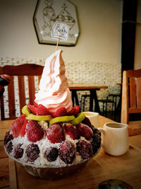 Close-up of cake served on table