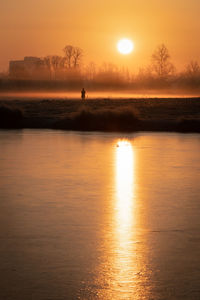 Golden sunrise reflected in lake in bushy park, london, with one person standing, watching in awe