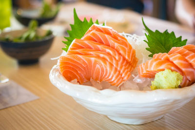 Close-up of sushi served in plate on table