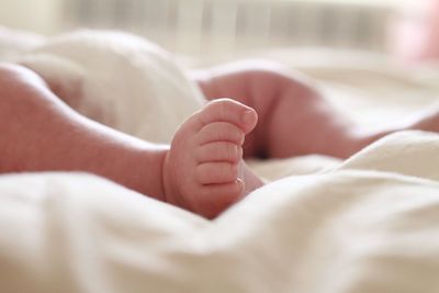 Low section of baby sleeping on bed