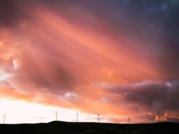 Silhouette of wind turbines at sunset