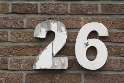 Close-up of text on brick wall