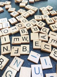 High angle view of text on wooden blocks