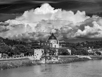 Panoramic view of river amidst buildings against sky