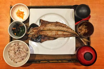 Directly above shot of meal served on table