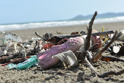 Close-up of garbage on beach