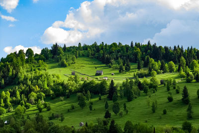 Panoramic view of green landscape against sky