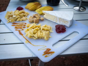 Close-up of cheese on camping table outdoors