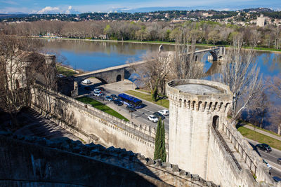 High angle view of dam on lake