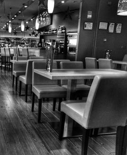 Empty chairs and tables in restaurant