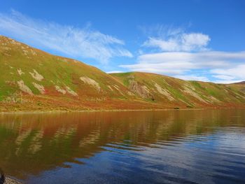 Scenic view of lake and mountains against sky