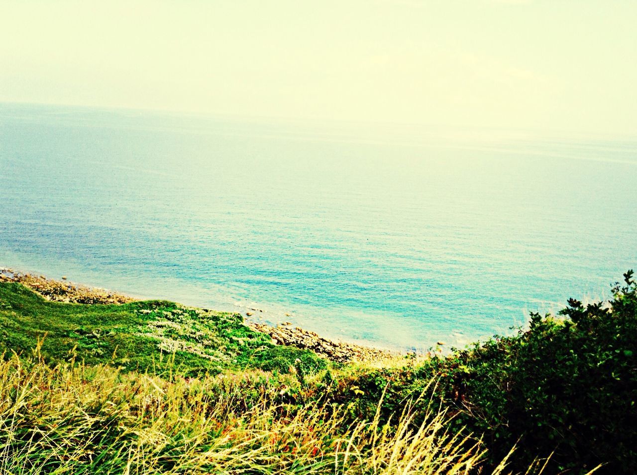 sea, horizon over water, tranquil scene, water, scenics, tranquility, beauty in nature, nature, sky, grass, beach, idyllic, shore, plant, coastline, seascape, clear sky, remote, high angle view, growth