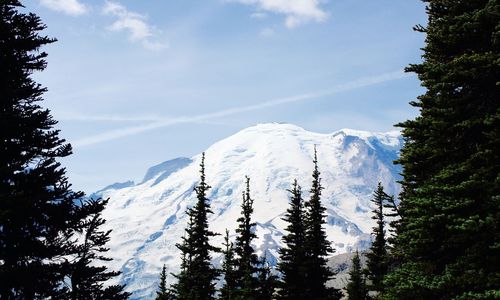 Scenic view of snowcapped mountain against cloudy sky